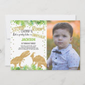 グリッター恐竜の誕生日招待状と写真 招待状 (正面)