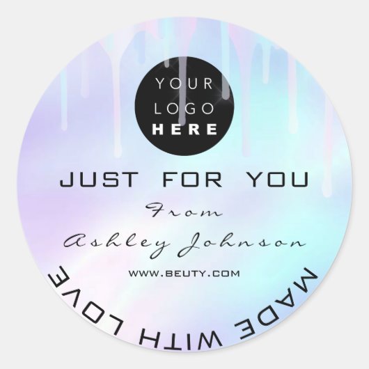 グリッター感謝していロゴ愛青色製ホログラフ ラウンドシール (正面)