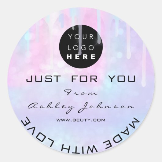 グリッター感謝していロゴ自筆製くもの巣ブルー ラウンドシール (正面)