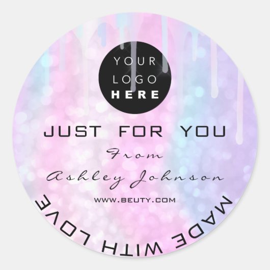 グリッター感謝していロゴ自筆製ピンクブルー ラウンドシール (正面)