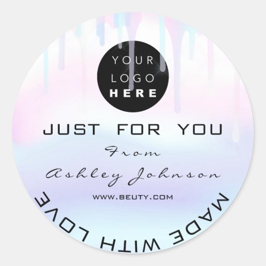 グリッター感謝していロゴ自筆製ブルーホワイト ラウンドシール (正面)