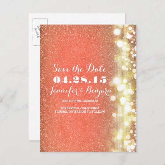 グリッター文字列ライト金ゴールドと桃の日付を保存 案内ポストカード (正面/裏面)