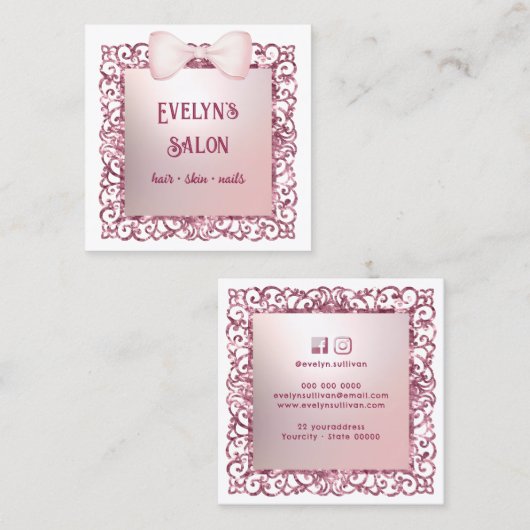 グリッター枠ピンクボウ名刺 スクエア名刺 (正面/裏面)