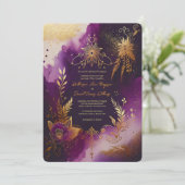 グリッター水彩パープルと金ゴールドフローラ結婚ズ 招待状 (スタンド正面)