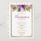 グリッター水彩フラワーグラきらきら光るードパーティー 招待状 (正面/裏面)