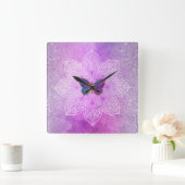 *~*グリッター水彩ヨガバタフライ曼荼羅 スクエア壁時計 (ホーム)