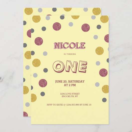 グリッター水玉模様1st誕生日 招待状 (正面/裏面)
