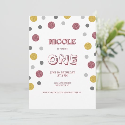 グリッター水玉模様1st誕生日 招待状 (スタンド正面)