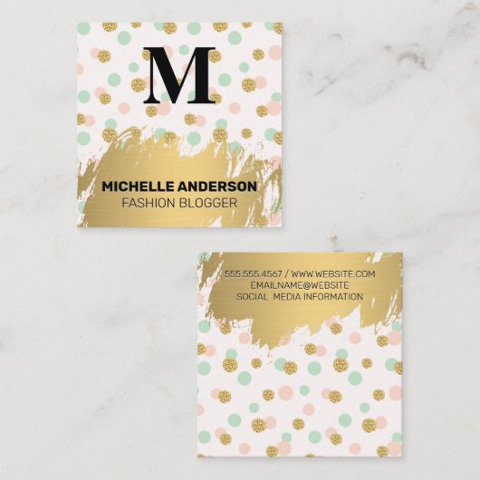 グリッター水玉模様 |ブラシ金ゴールド |モノグラム スクエア名刺 (正面/裏面)