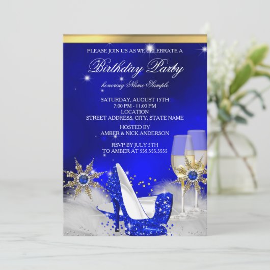 グリッター王室のブルーハイヒールシューズ金ゴールドシャンパン 招待状 (スタンド正面)