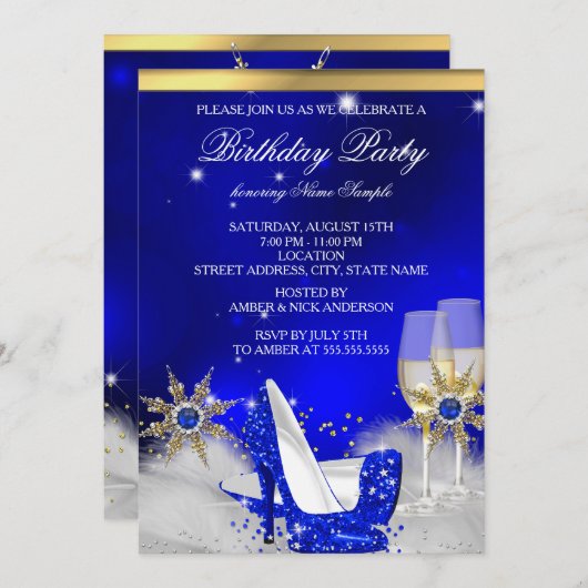 グリッター王室のブルーハイヒールシューズ金ゴールドシャンパン 招待状 (正面/裏面)