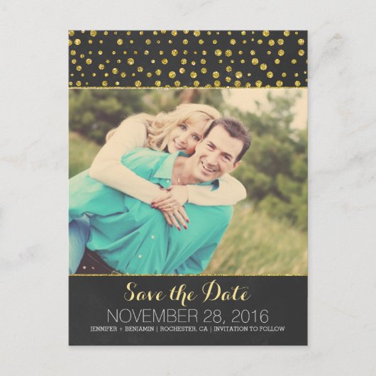 グリッター紙吹雪シャルボード写真の保存日付 案内ポストカード (正面)