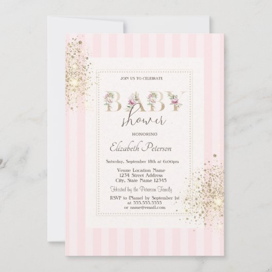 グリッター紙吹雪ダストピンクストライプのベビーシャワー 招待状 (正面)