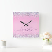 グリッター紙吹雪パーソナライズされたピンクスクウェア壁クロ スクエア壁時計 (ホーム)
