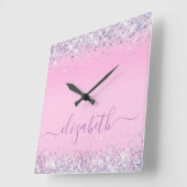 グリッター紙吹雪パーソナライズされたピンクスクウェア壁クロ スクエア壁時計 (傾斜)