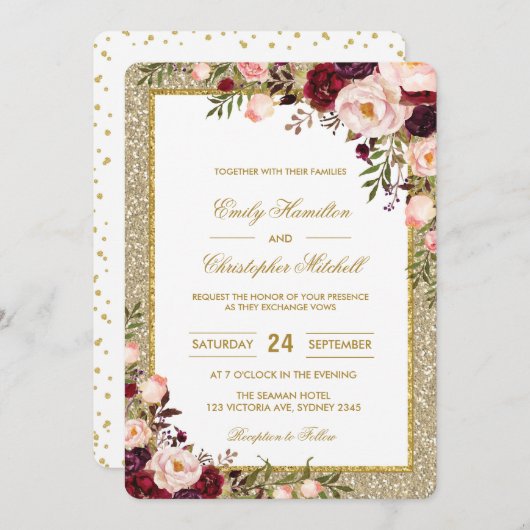 グリッター結婚式招待状ブルゴーニュ赤面フローラ 招待状 (正面/裏面)