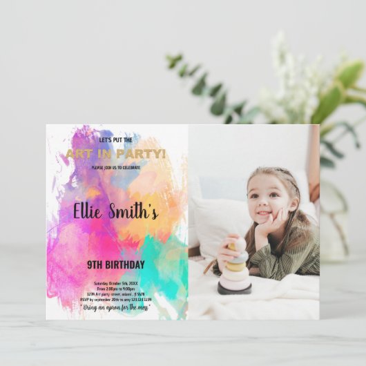 グリッター絵を描誕生日招待状（写真付） 招待状 (スタンド正面)