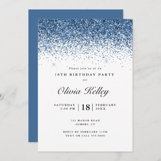 グリッター縁ど誕生日、ネイビーブルー 招待状 (正面/裏面)