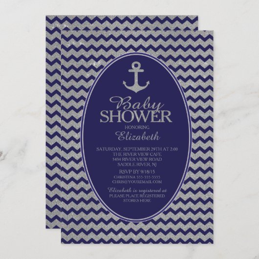 グリッター航海のいかりベイビーシャワーの侵入 招待状 (正面/裏面)