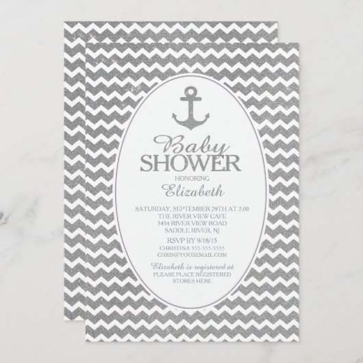 グリッター航海のいかりベイビーシャワーの侵入 招待状 (正面/裏面)