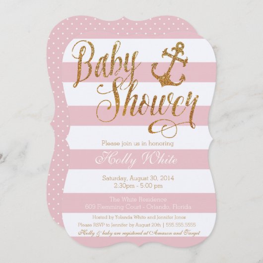 グリッター航海のガールベビーシャワー招待状 招待状 (正面/裏面)