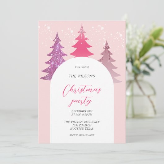 グリッター芸術的ピンククリスマス 招待状 (スタンド正面)