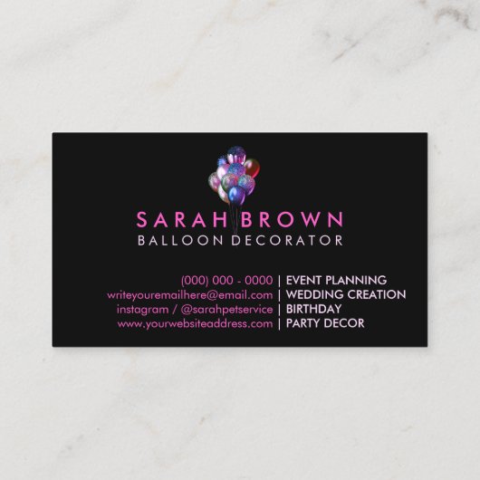 グリッター計画およびパーティー用イベントピンクバルーン 名刺 (裏面)