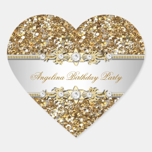 グリッター誕生日パーティー金ゴールドジュエルダイヤモンドエイジ ハートシール (正面)