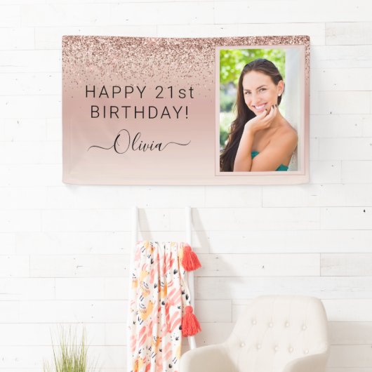グリッター誕生日フォト赤面ピンクガーリーバラ金ゴールド 横断幕 (インサイチュ)