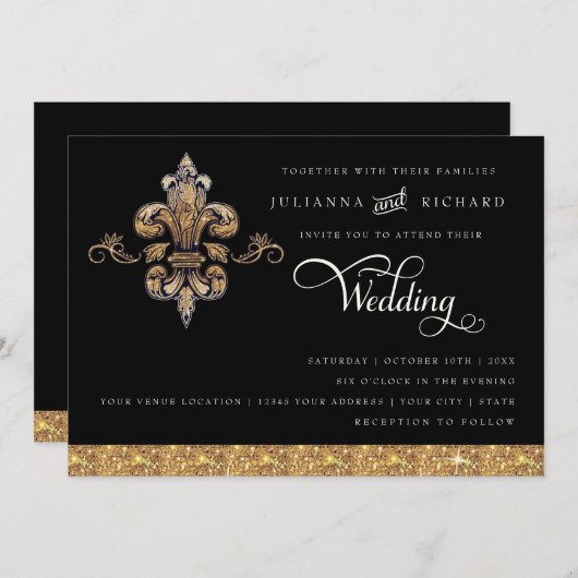 グリッター調のゴールド ブラック フォーマル フルール・ド・リス 招待状 (正面/裏面)