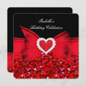 グリッター赤いハートボウブラックバースデーパーティー 招待状 (正面/裏面)