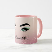 グリッター赤面ピンクグリーン目まばたき マグカップ (正面右)