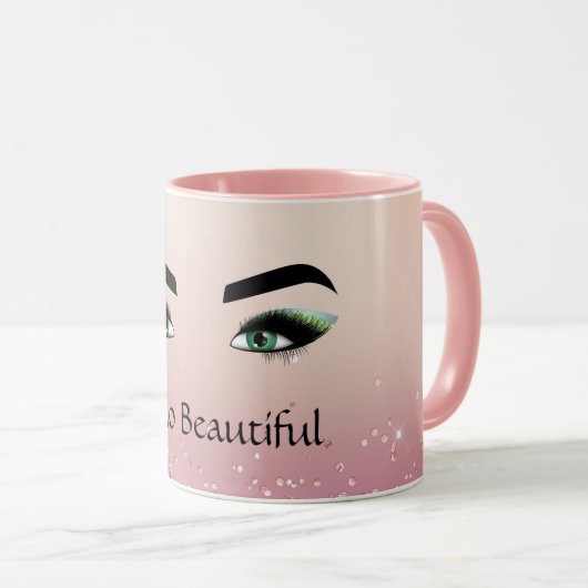 グリッター赤面ピンクグリーン目まばたき マグカップ (正面右)