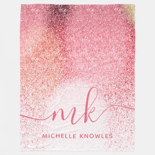 グリッター赤面ピンクローズ金ゴールドスクリプモノグラムのト フリースブランケット (正面)