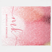 グリッター赤面ピンクローズ金ゴールドスクリプモノグラムのト フリースブランケット (正面(横))