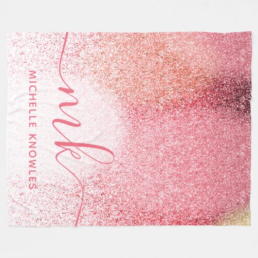 グリッター赤面ピンクローズ金ゴールドスクリプモノグラムのト フリースブランケット (正面(横))