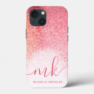 グリッター赤面ピンクローズ金ゴールドスクリプモノグラムのト iPhone 13 MINIケース