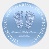 グリッター足ベビーシャワーお願いサンキューブルーボーイ ラウンドシール (正面)