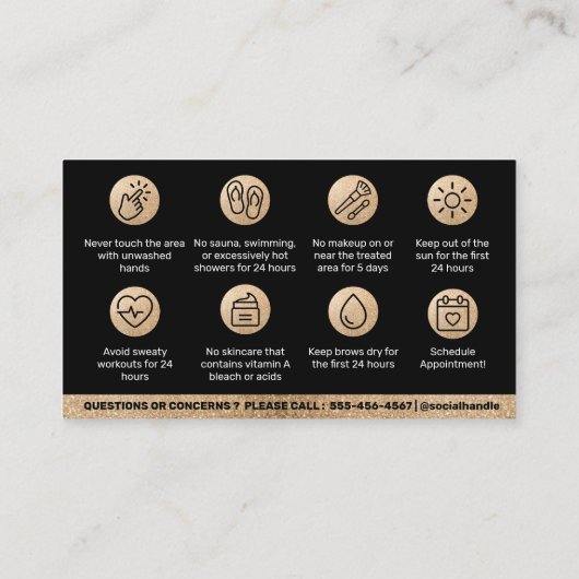 グリッター金ゴールドがアフターケアPMUブラウの指示を表示 名刺 (裏面)