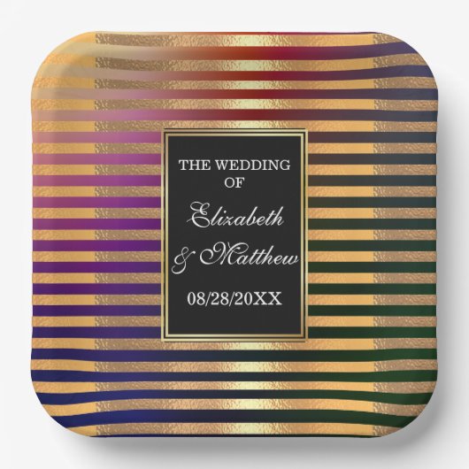 グリッター金ゴールドとブラック結婚ズスクエア ペーパープレート (正面)