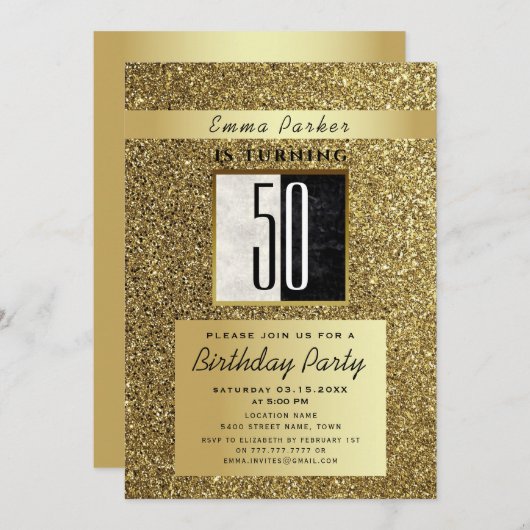 グリッター金ゴールドとブラック50誕生日 招待状 (正面/裏面)