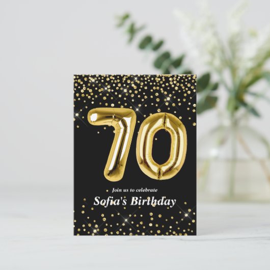 グリッター金ゴールドの70回目の誕生パーティー用バルーン ポストカード (スタンド正面)