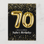 グリッター金ゴールドの70回目の誕生パーティー用バルーン ポストカード (正面)