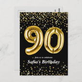 グリッター金ゴールドの90歳の誕生会用バルーン ポストカード (正面/裏面)