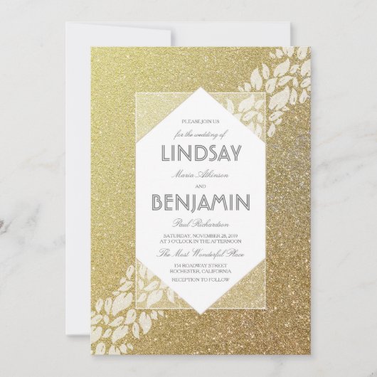グリッター金ゴールドエレガントヴィンテージ結婚式 招待状 (正面)