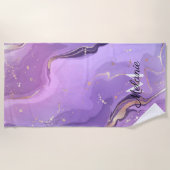 グリッター金ゴールドガーリースパープルネームサマービーチ ビーチタオル (正面)