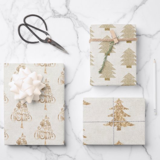 グリッター金ゴールドグラムクリスマスツリー ラッピングペーパーシート (正面)