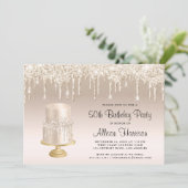 グリッター金ゴールドケーキ50thバースデーパーティー 招待状 (スタンド正面)