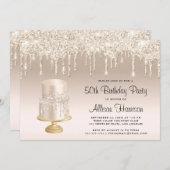 グリッター金ゴールドケーキ50thバースデーパーティー 招待状 (正面/裏面)