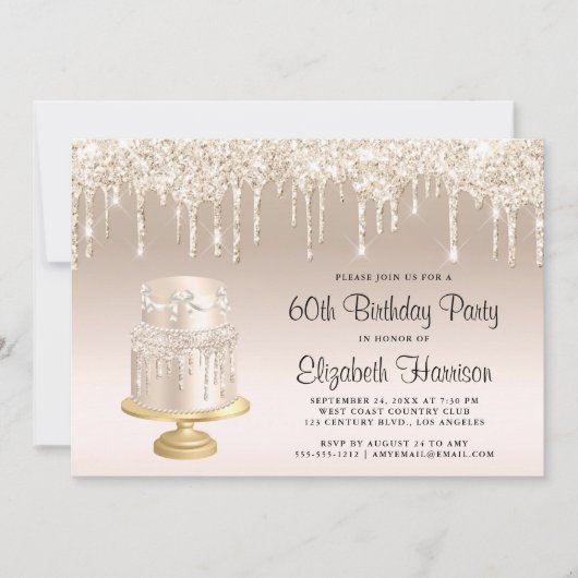 グリッター金ゴールドケーキ60thバースデーパーティー 招待状 (正面)
